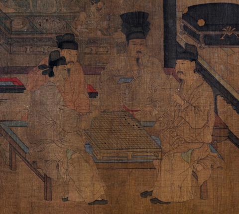 Go free online multiplayer game — traditional painting of players at a Go board